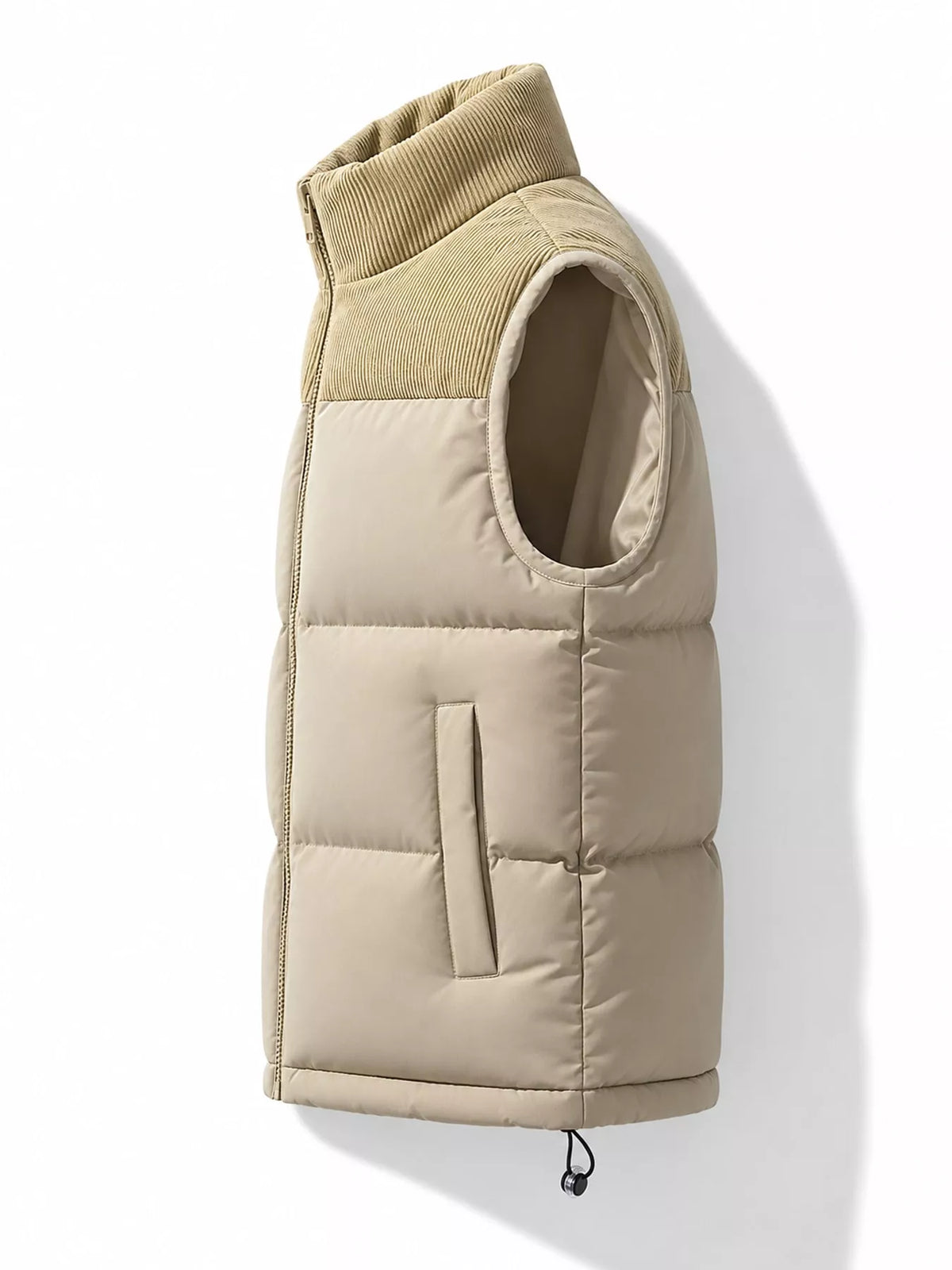 Khaki men's corduroy-panel puffer vest, side view. One vest is sold.