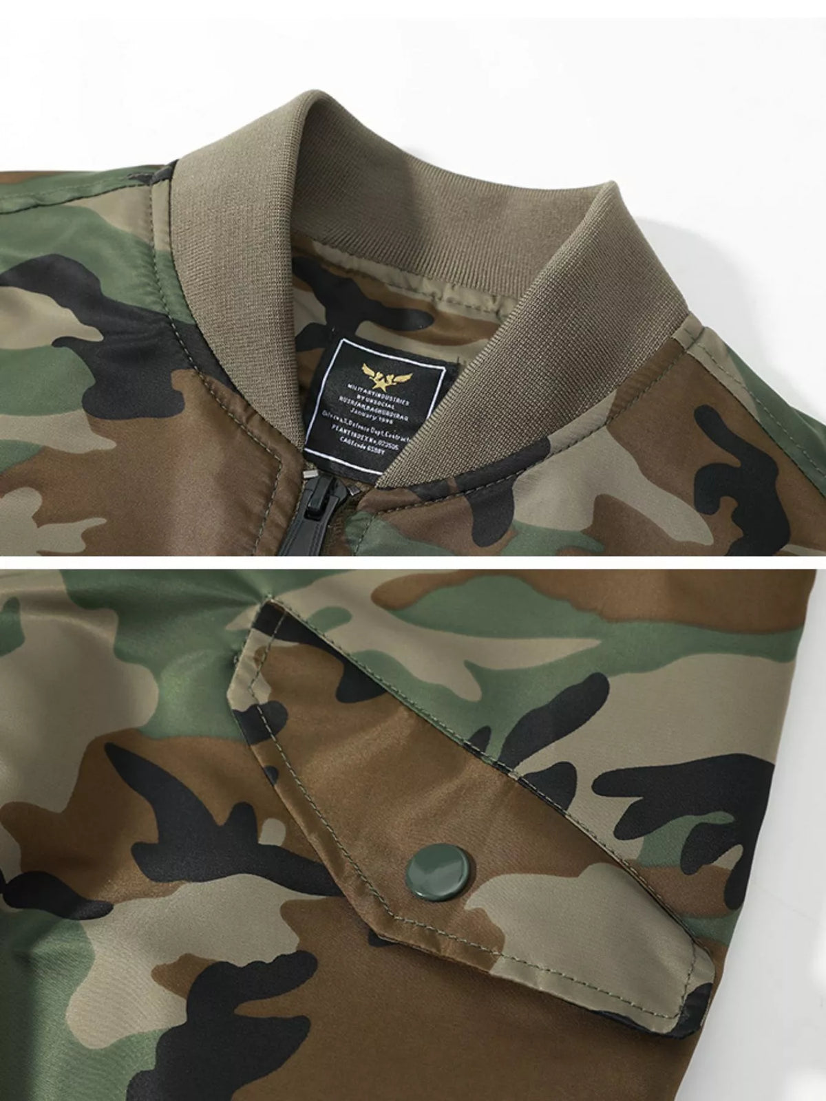 Camouflage bomber jacket ribbed collar and snap-fastened front pocket in two detail panels