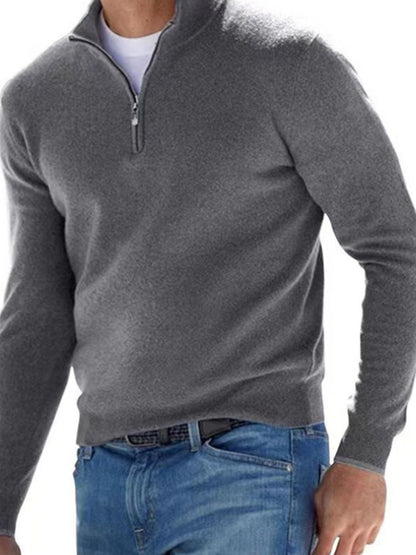 Men's Grey quarter-zip long-sleeve sweater, front view; sweater only.