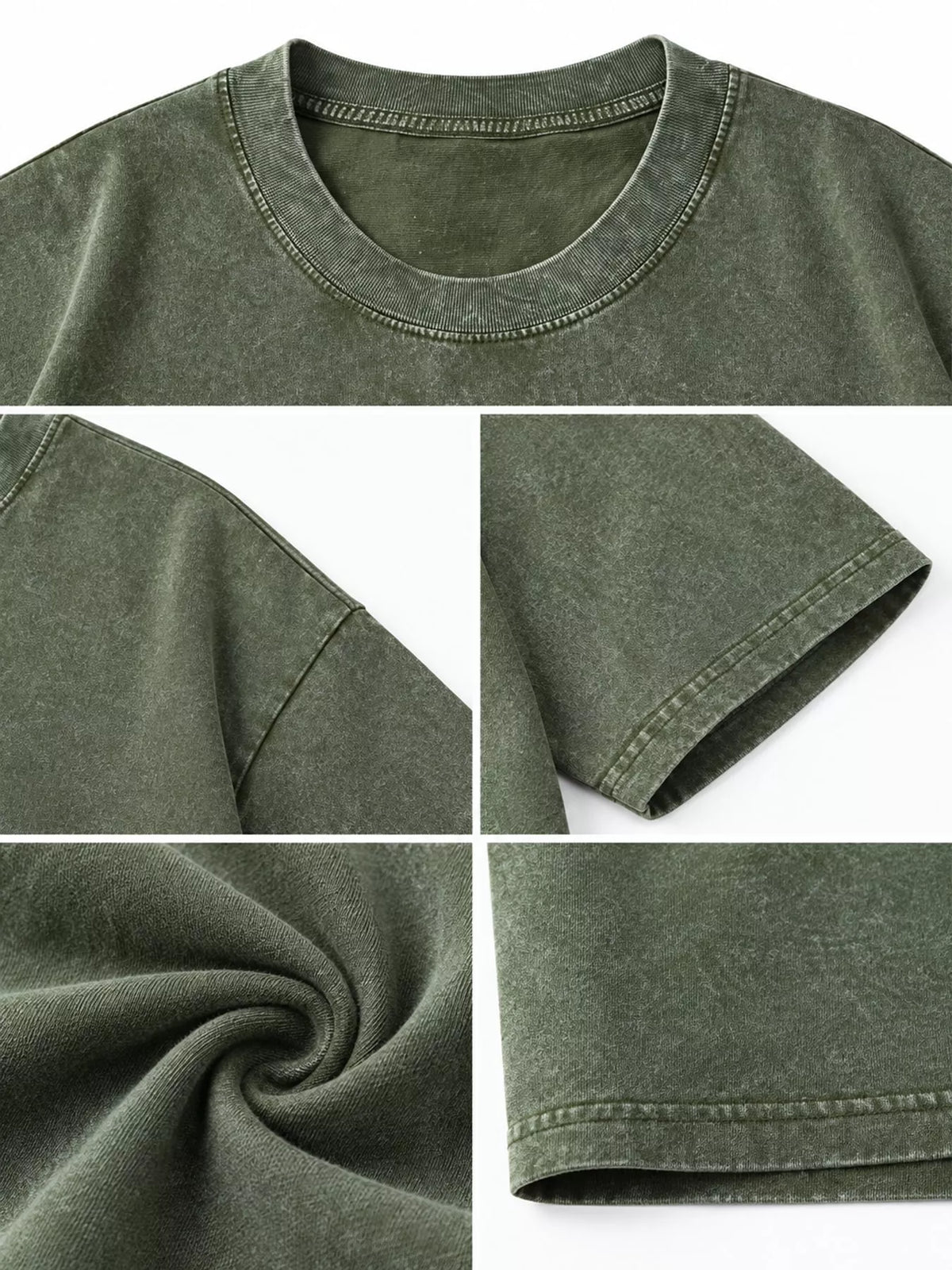 Army Green-Washed acid-wash oversized crewneck T-shirt, detail collage of neckline, sleeves, hem and fabric. One shirt only.