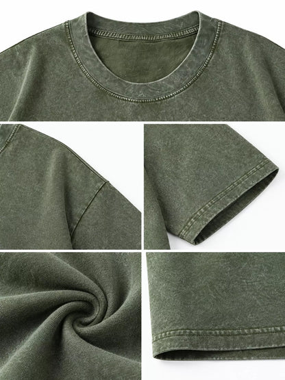 Army Green-Washed acid-wash oversized crewneck T-shirt, detail collage of neckline, sleeves, hem and fabric. One shirt only.