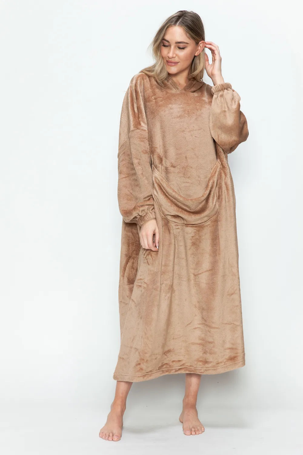 Mocha hooded midi lounge dress with long sleeves and front kangaroo pocket, front or angled view. One dress; styling accessories not included.