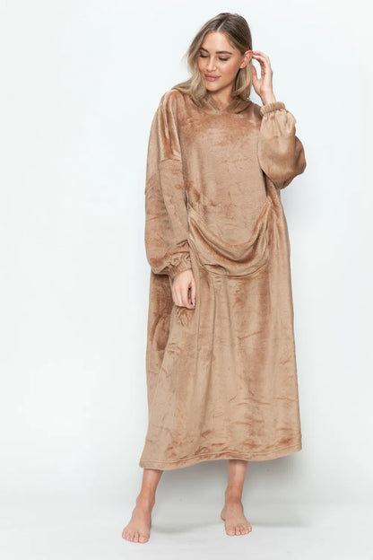 Mocha hooded midi lounge dress with long sleeves and front kangaroo pocket, front or angled view. One dress; styling accessories not included.