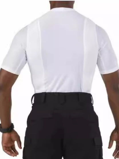 Rear view of the white short-sleeve active T-shirt.