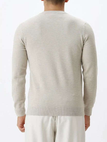 Men's long-sleeve crew-neck sweater in Apricot, back view.
