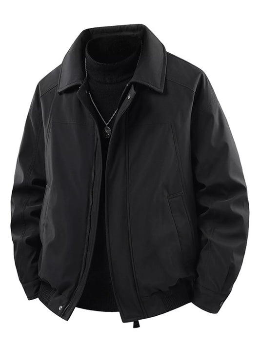 Black zip-up jacket with fold-over collar, front view
