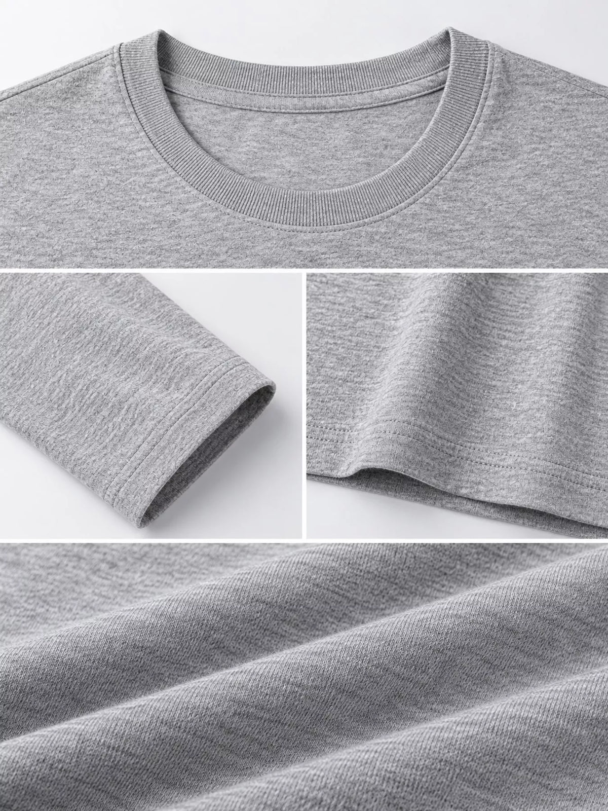 Gray men's cotton long-sleeve crewneck tee, neckline, sleeve and hem details.