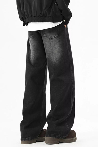 Black men's washed wide-leg jeans, rear view with back pockets.