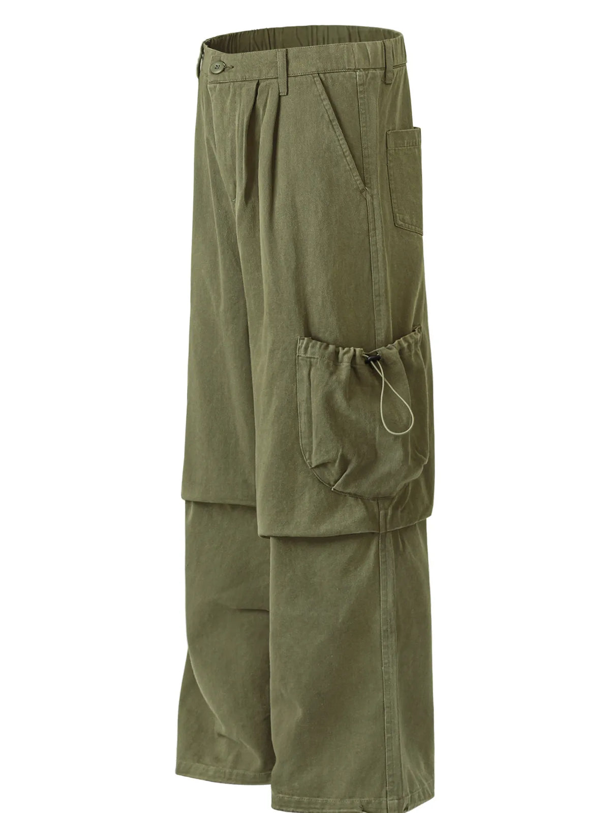 Angled garment-only view of olive cargo trousers showing a drawcord side pocket and front pleats.