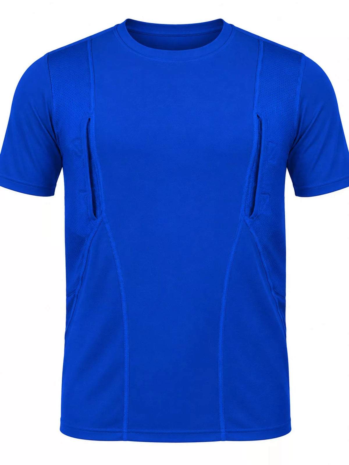 Royal blue short-sleeve active T-shirt with curved seams, shown alone.