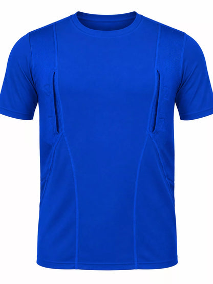 Royal blue short-sleeve active T-shirt with curved seams, shown alone.