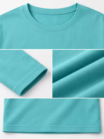 Pastel Blue men's cotton long-sleeve crewneck tee, neckline, sleeve and hem details.