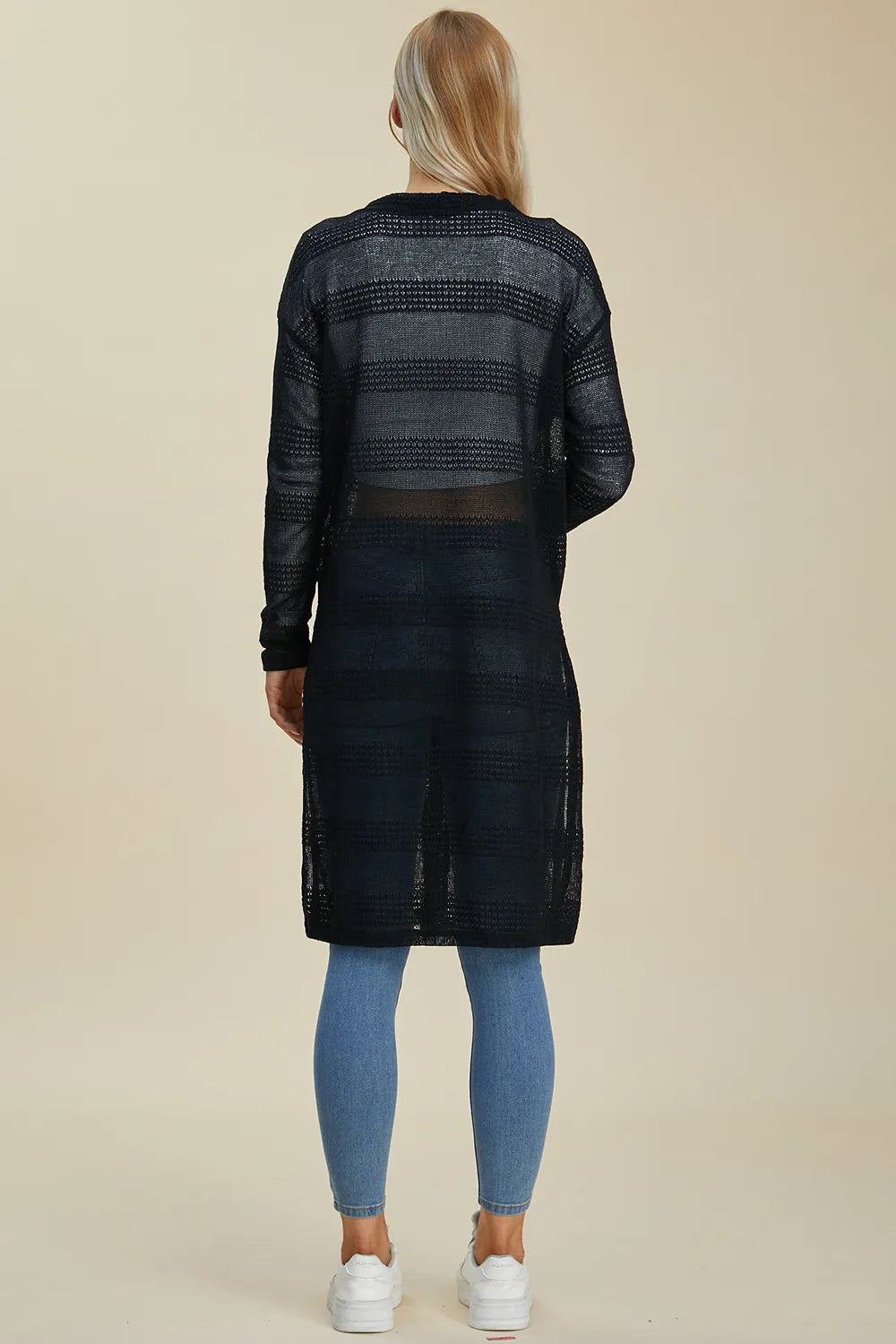 Black Double Take openwork longline cardigan — back view