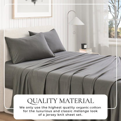 Great Bay Home quality-material graphic for Olive Green jersey-knit sheets; the text says the fabric uses high-quality organic cotton for a luxurious mélange look.