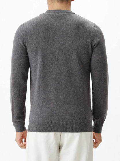 Men's long-sleeve crew-neck sweater in Dark Gray, back view.