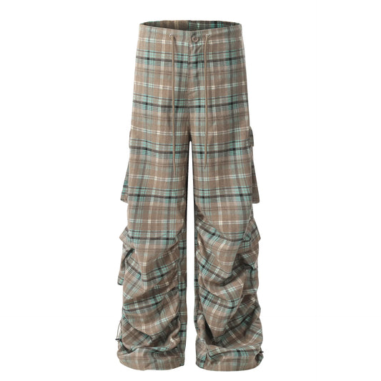 Gray green plaid wide-leg trousers with ruched lower legs, front view