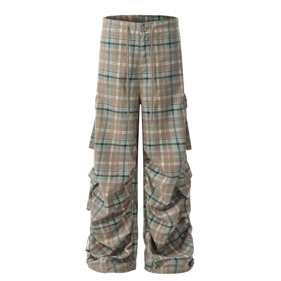 Men's Plaid Ruched Wide Leg Pants