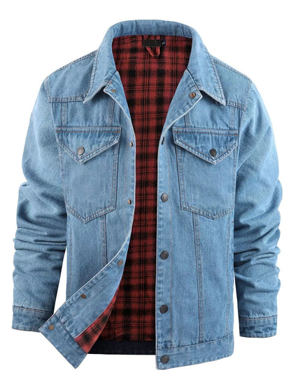 Light blue snap-front jacket, open front showing red plaid interior