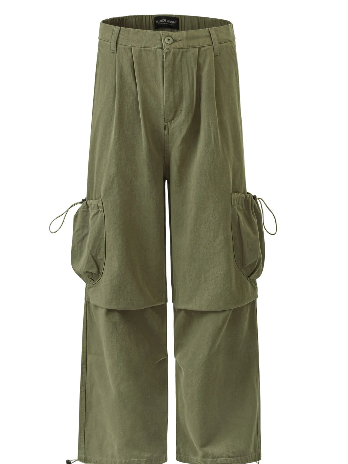 Garment-only front view of olive cargo trousers with drawcord side pockets and layered leg panels.