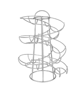 Silver spiral wire egg organizer shown empty on a white background.
