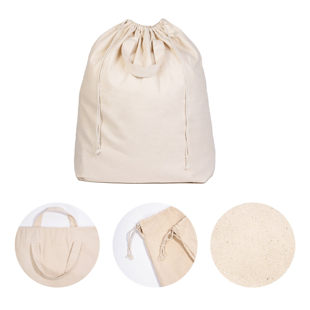 Canvas laundry bag with close-ups of handle, drawstring and fabric