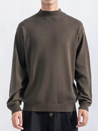 Men's Army Green minimalist mock-neck sweater, front view. Trousers are styling items and are not included.