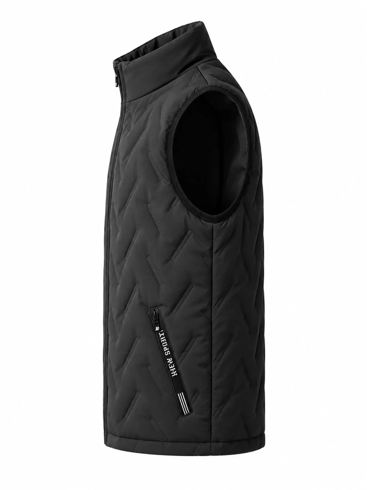 Black stand-collar men's fleece-lined quilted vest, side view. One vest only.