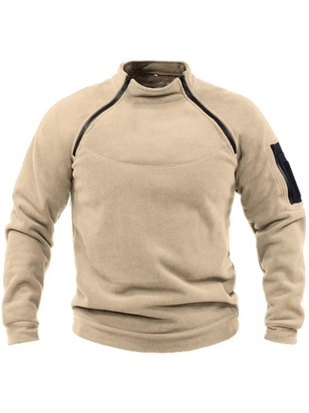 Front view of the Khaki fleece sweatshirt with contrasting dark neckline zips.