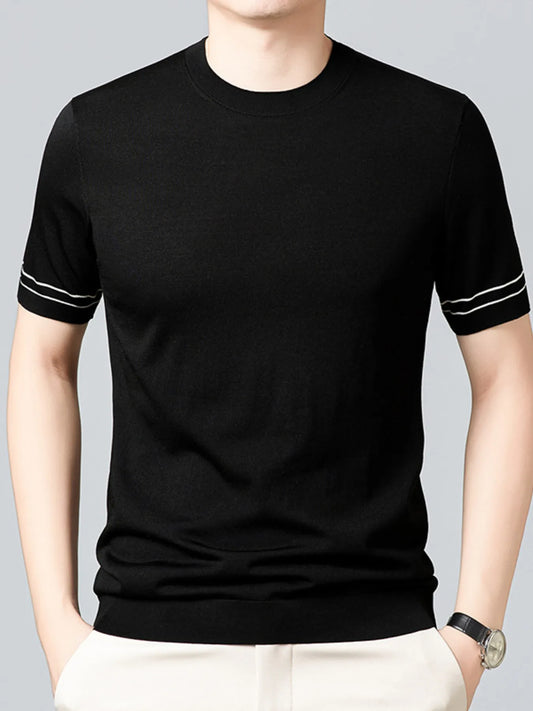 Black round-neck short-sleeve T-shirt with contrasting sleeve stripes, front on-model view