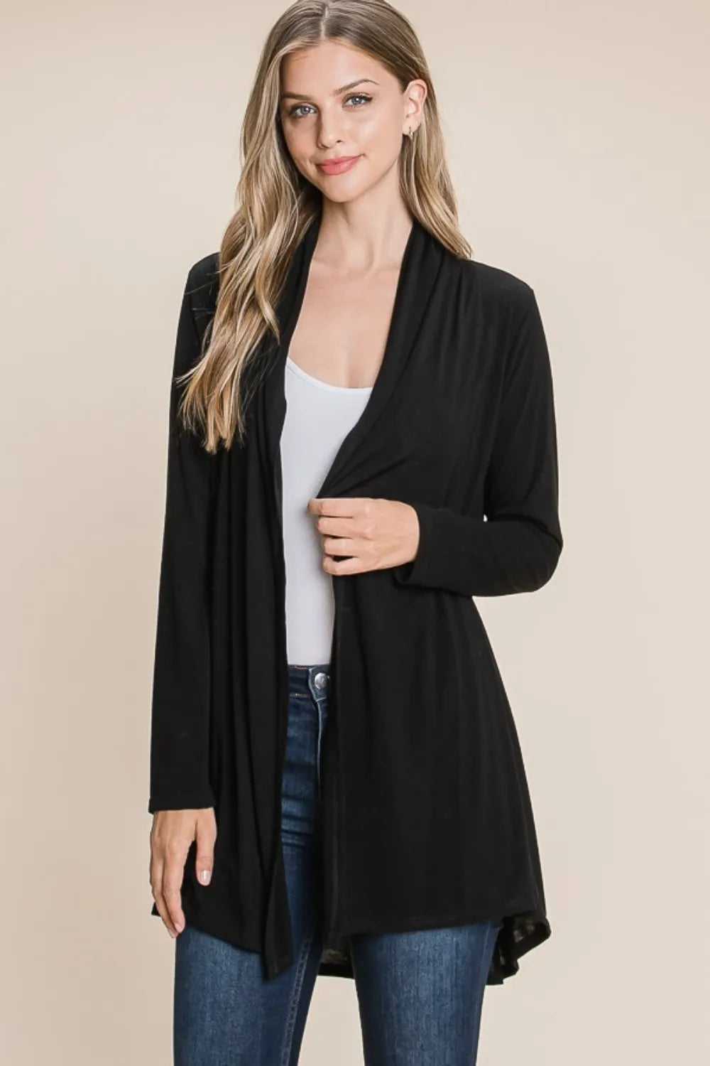 Black open-front long-sleeve cardigan, angled front view; one cardigan included