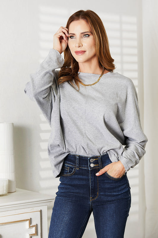 Double Take opaque long-sleeve round-neck top in Light Gray, front view