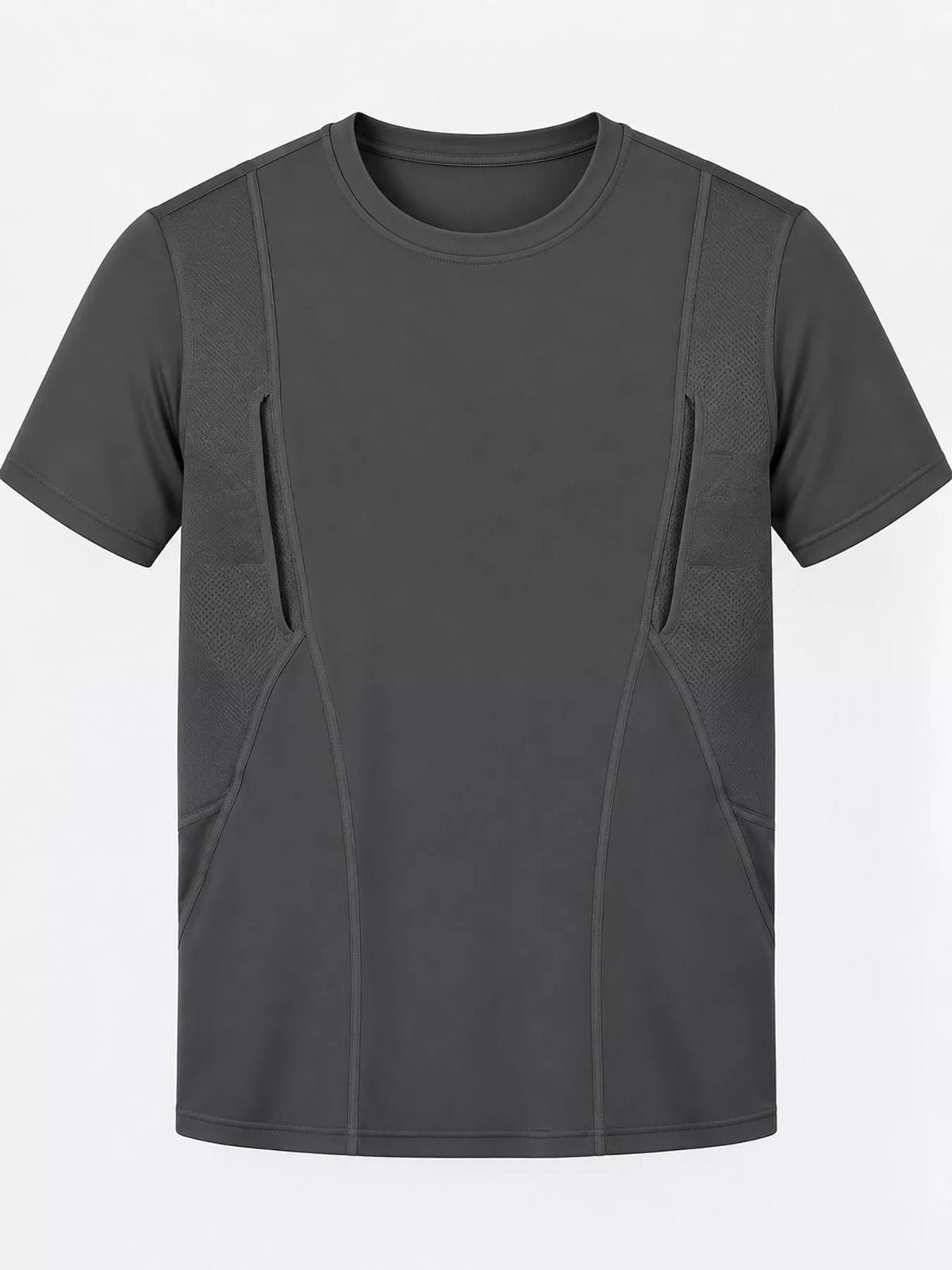 Dark gray short-sleeve crewneck active T-shirt with curved seams, shown alone.