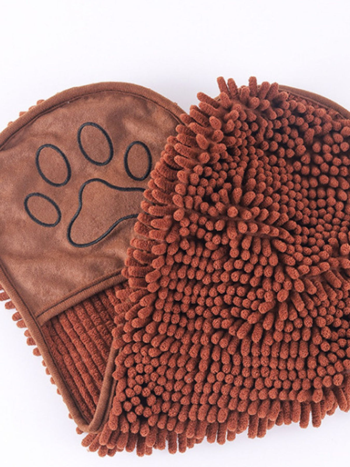 Brown pet towel showing paw-print pockets and textured reverse