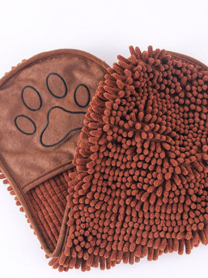 Brown pet towel showing paw-print pockets and textured reverse