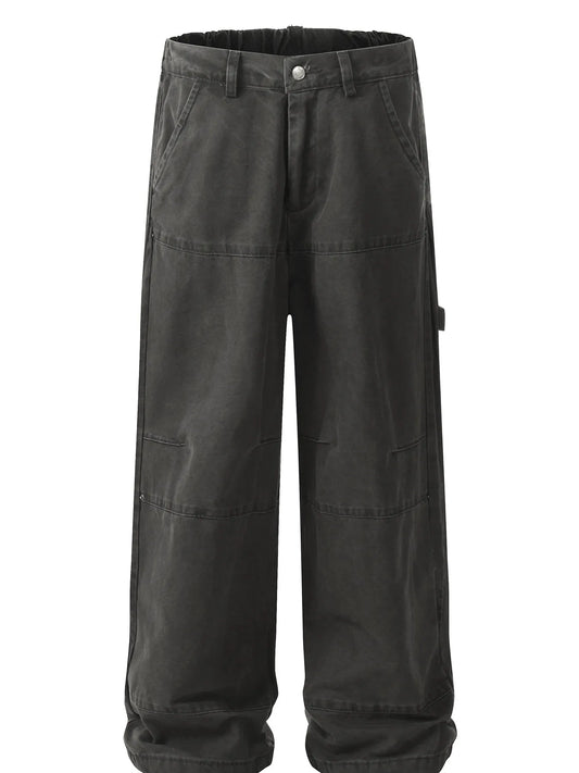 Garment-only front view of black-grey wide-leg jeans with front pockets and seam details across the legs.