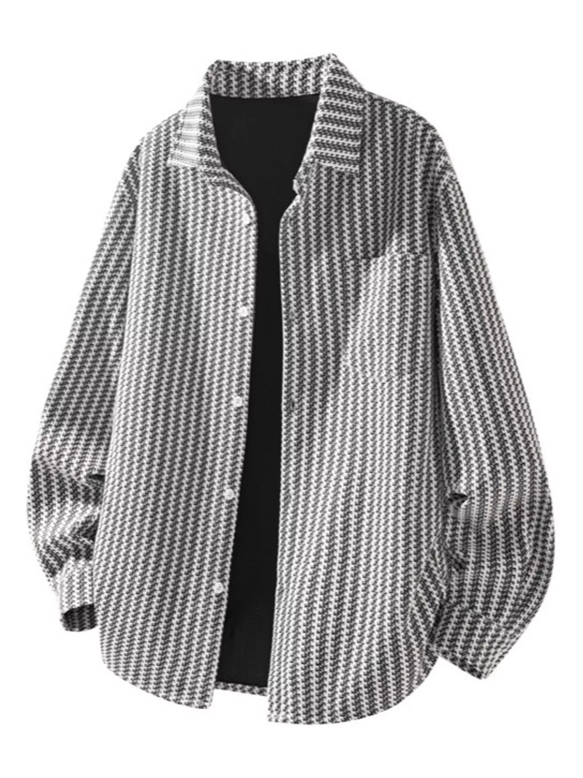 White-patterned men’s button-up shacket, front view over a dark styling top; inner top not included.