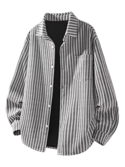 White-patterned men’s button-up shacket, front view over a dark styling top; inner top not included.