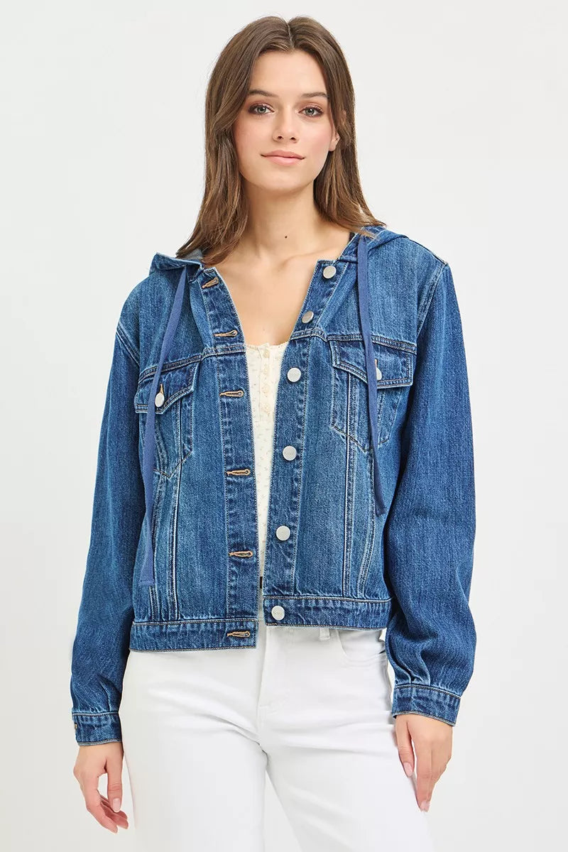 RISEN medium-wash denim jacket worn open, showing the button front and hood; jacket only