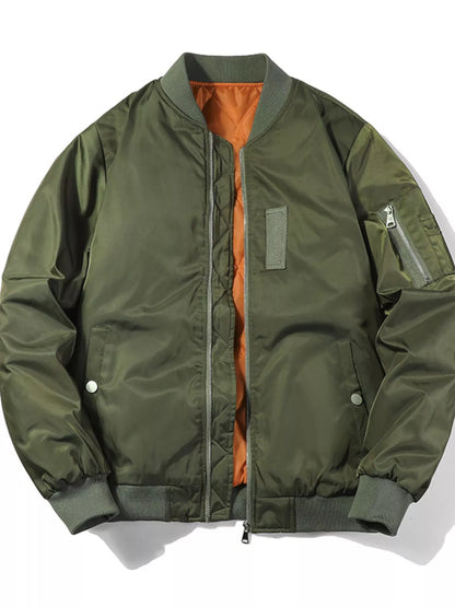 Military Green bomber jacket shown on its own from the front, partially open to show the orange interior.