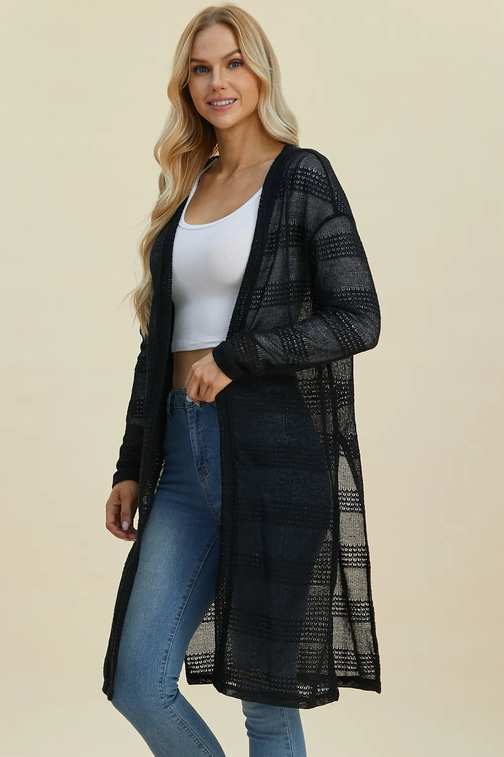 Black Double Take openwork longline cardigan — side view