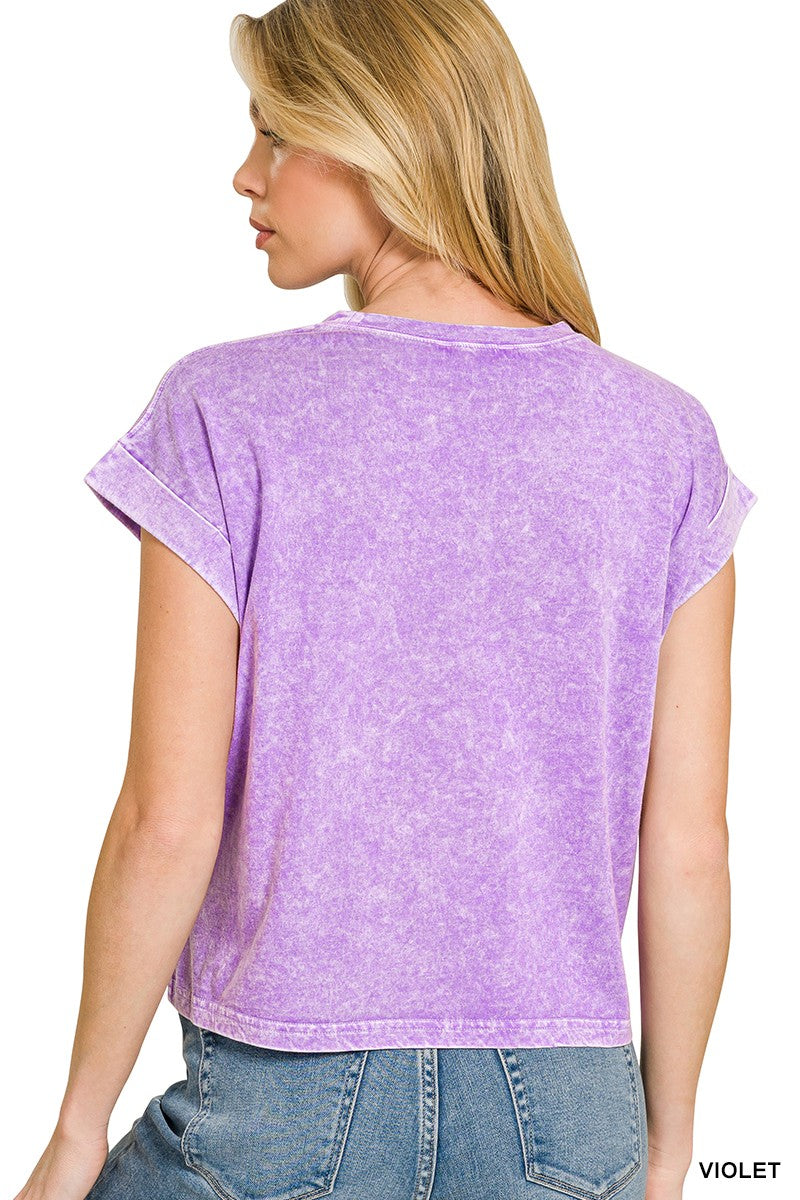 Back view of violet Zenana washed cotton short-sleeve T-shirt. Top only; jeans not included.