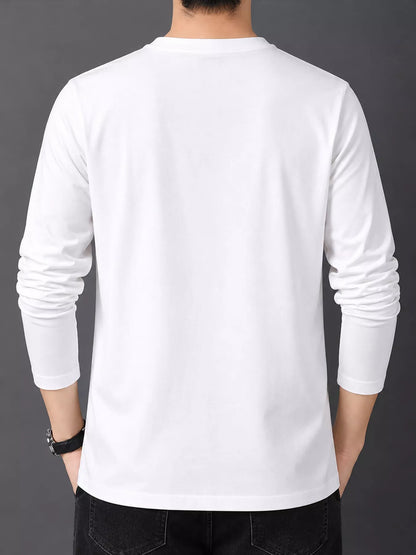 White men's cotton long-sleeve crewneck tee, back view.