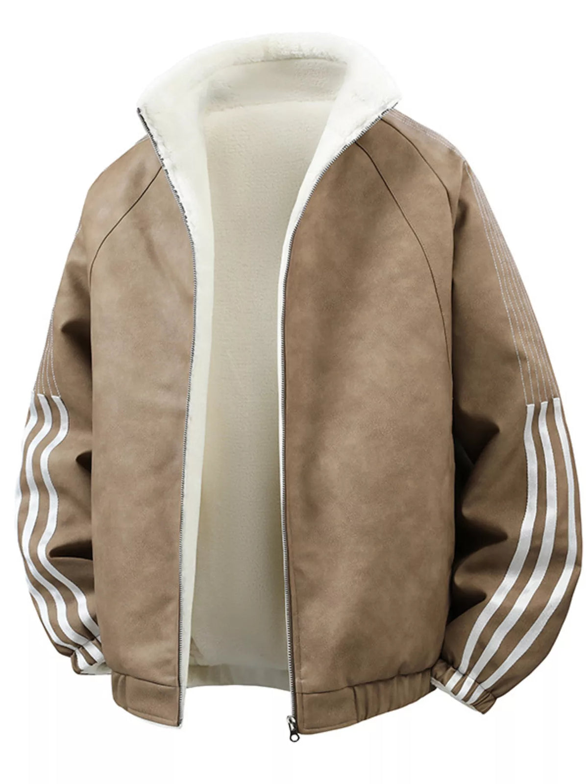 Khaki men's fleece-lined zip-up jacket, garment-only front view showing striped sleeves and contrasting lining.