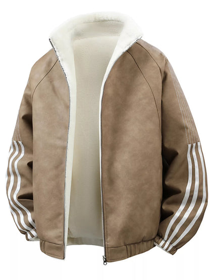 Khaki men's fleece-lined zip-up jacket, garment-only front view showing striped sleeves and contrasting lining.