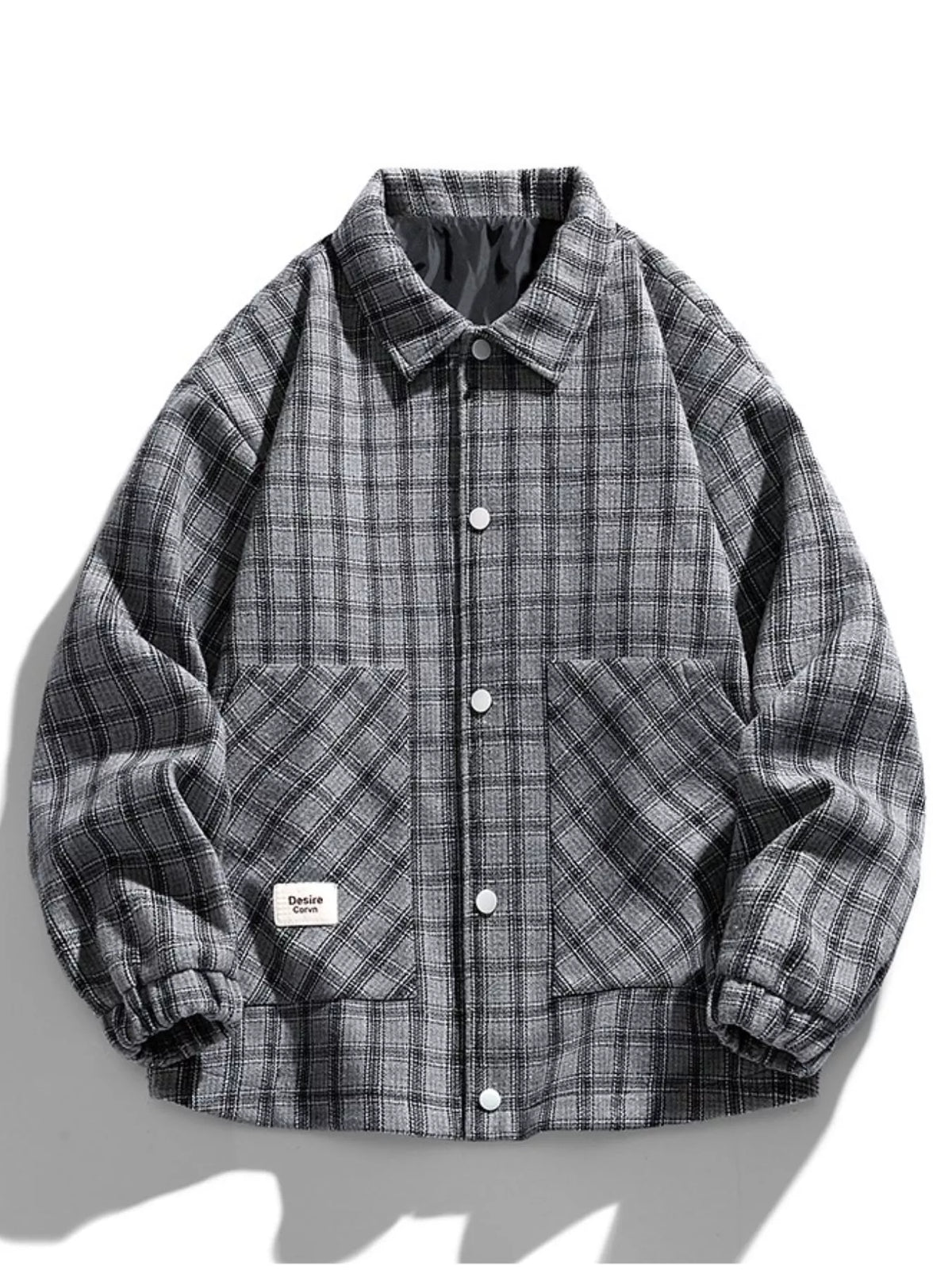 Gray plaid button-front jacket with two front pockets, front view. One jacket only.
