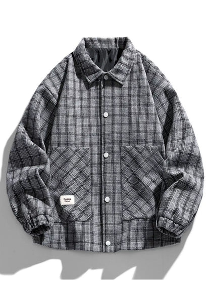 Gray plaid button-front jacket with two front pockets, front view. One jacket only.