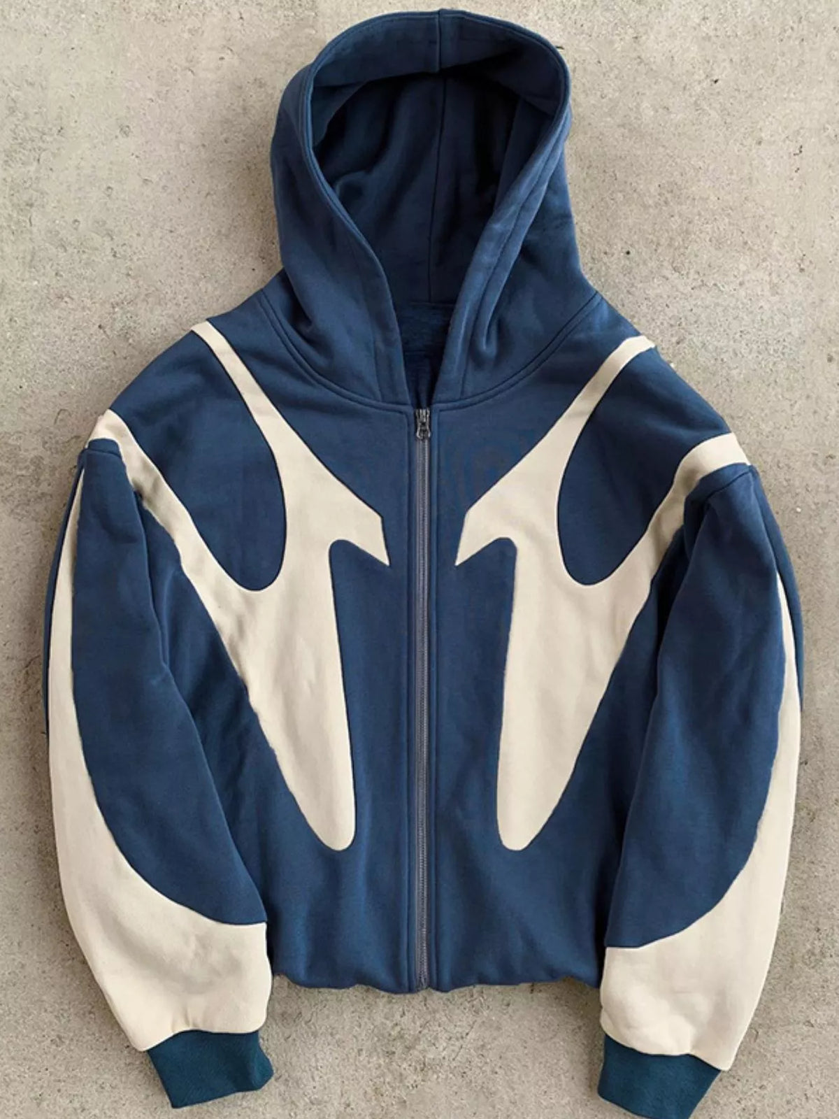 Blue and cream oversized full-zip hoodie, front flat lay