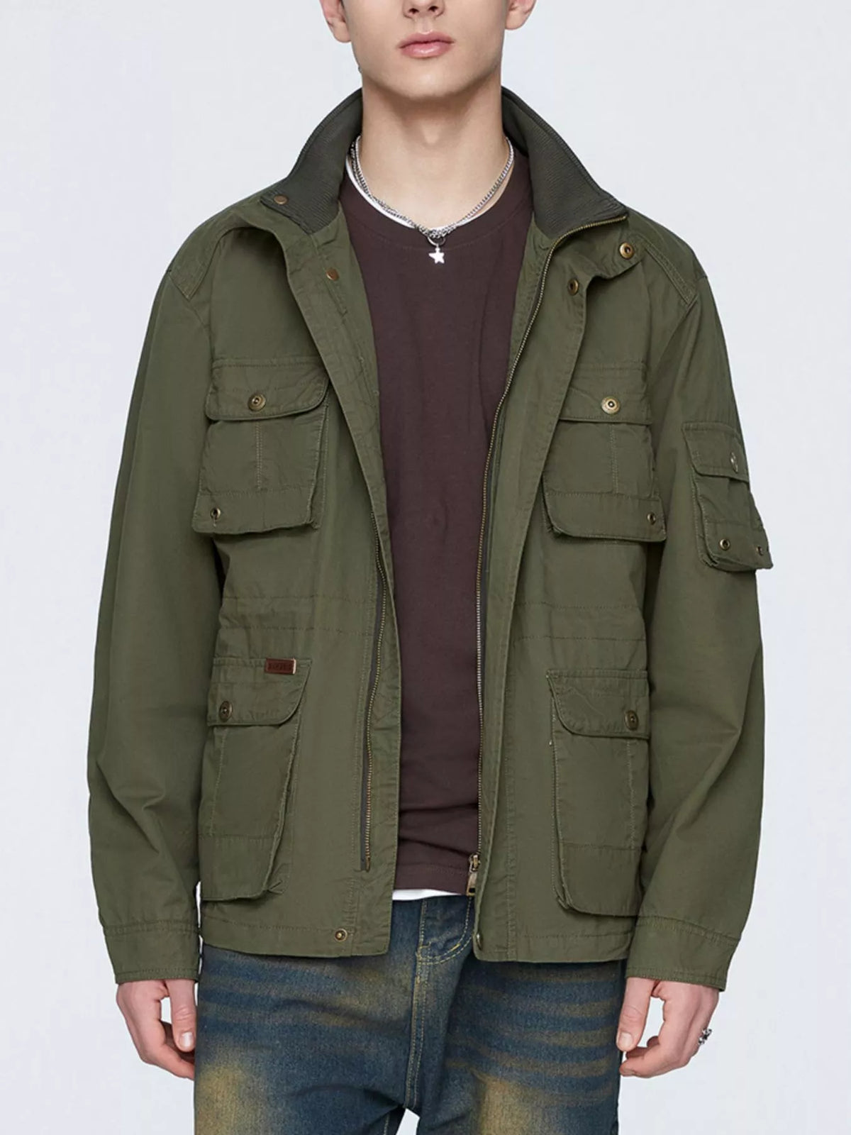 Army Green multi-pocket men's jacket shown open from the front; shirt, jeans and jewellery are not included.