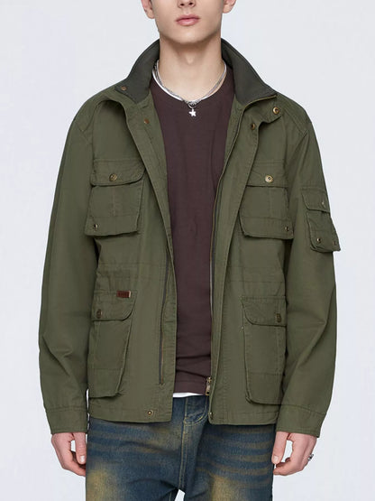 Army Green multi-pocket men's jacket shown open from the front; shirt, jeans and jewellery are not included.