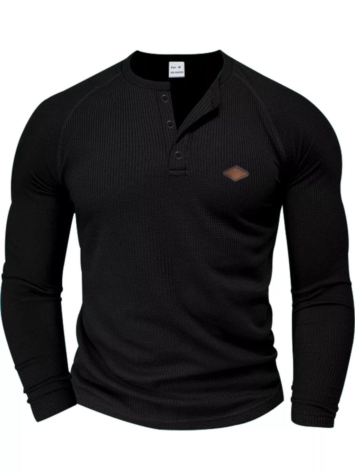 Black men’s waffle-knit Henley, front view.